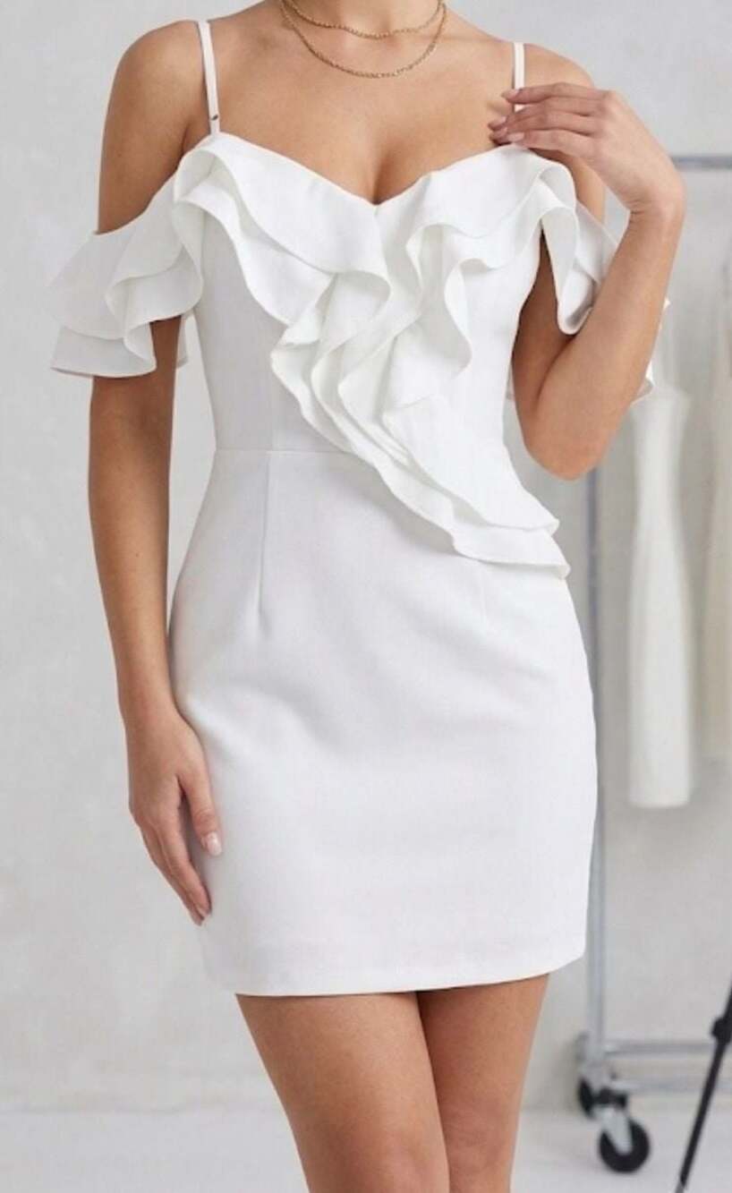 Main Strip White Ruffled Off-Shoulder Bodycon Mini Dress